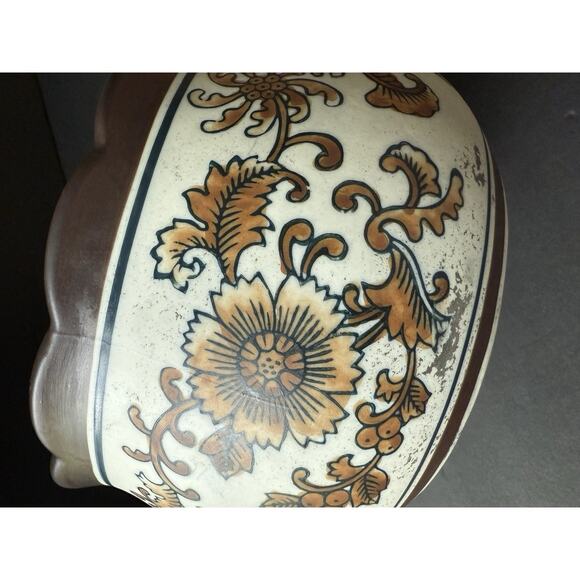 Vintage Stoneware Pottery Ruffle Bowl Brown Beige Glazed Scalloped Handcrafted - Picture 6 of 10